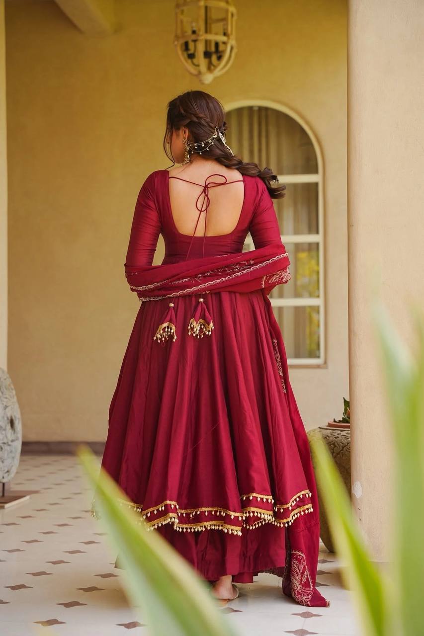 Regal Crimson Red Flared Anarkali Suit Set Adorned with Heritage Gold Motifs and Pearl-Embellished Scalloped Borders